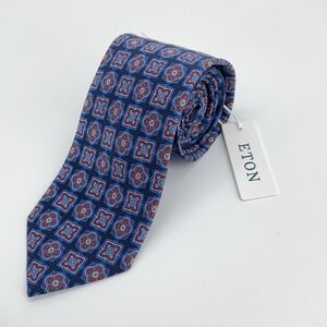 Eton Tie Mens Blue Red Silk Medallion Geometric Pattern Made Italy Necktie NWT